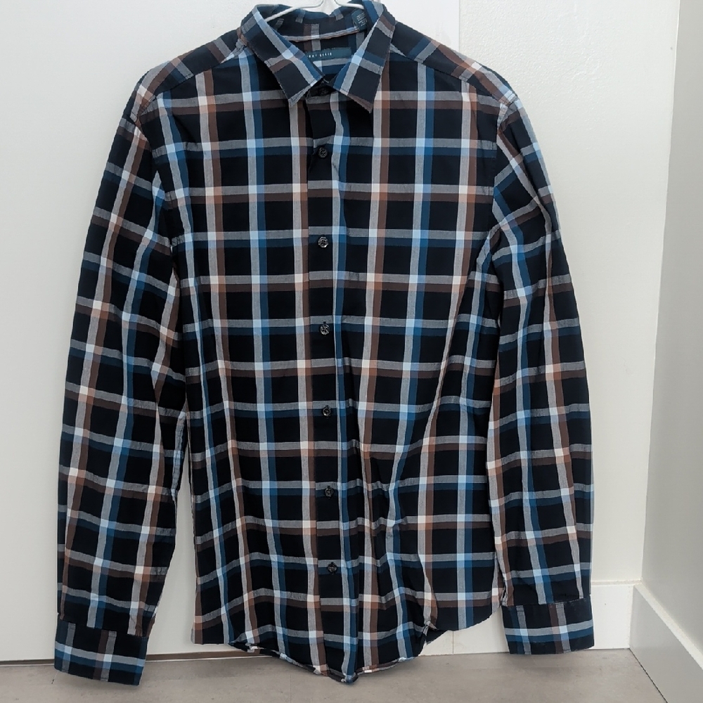 Perry Ellis Black, Navy & Brown Plaid Button-Down Shirt